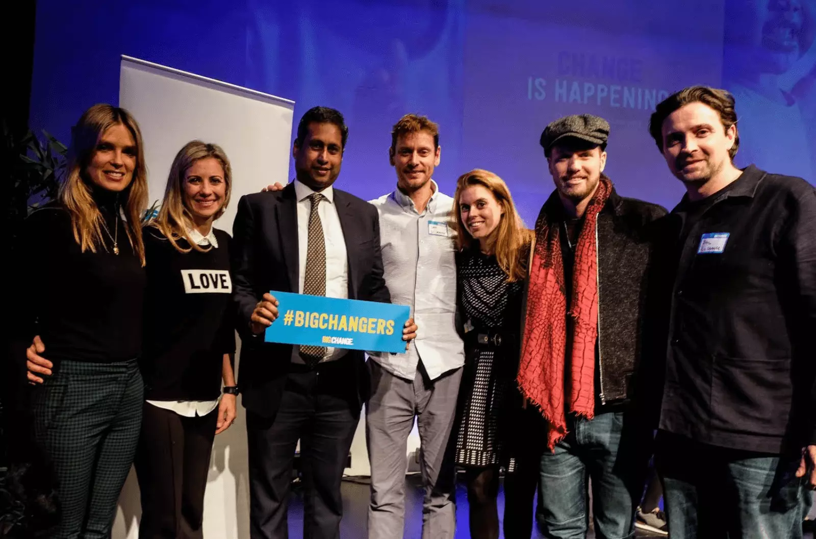 Founder & Chairman of The Dream Trust UK - Annesley Abercorn (holding sign) with the founders of the Big Change charity - (L to R) Isabella and Holly Branson, Sam Richardson, HRH Princess Beatrice of York, Sam Branson and Phil Nevin